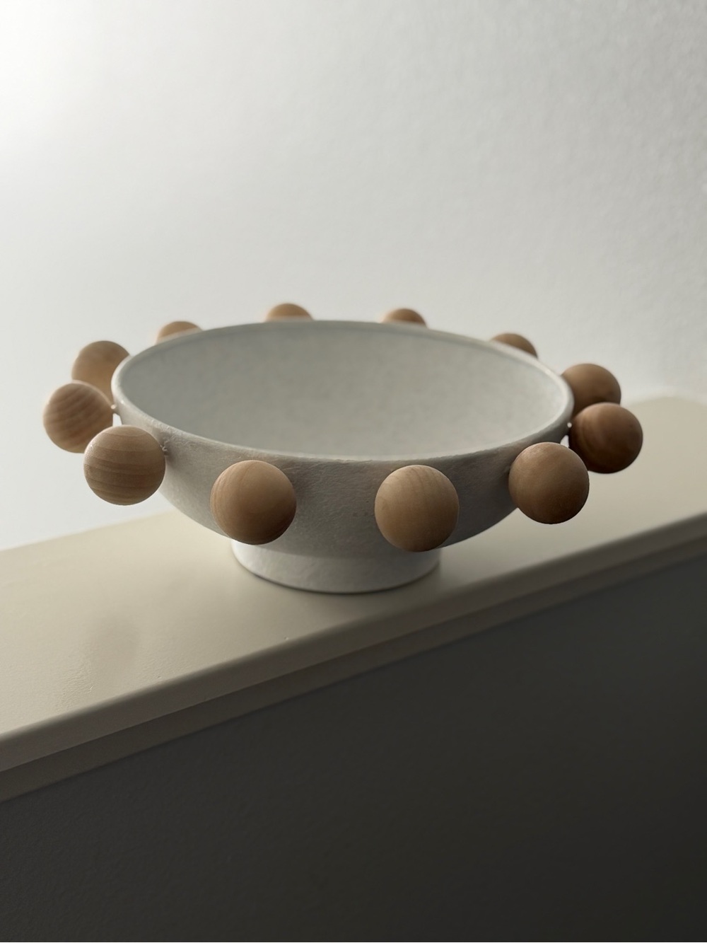 Decorative aesthetic White Bowl with Natural Wood Bead Trim modern